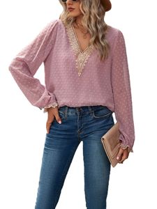 Damen Langarmshirts Hemden Chiffon Tunika Freizeithemd Leicht Shirt Einfarbig Bluse Rosa,Größe L