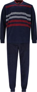 hajo Herren Schlafanzug - Klima-Frottee, lang, V-Neck, Baumwolle-Mix, gestreift Blau 2XL