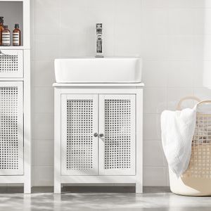 SoBuy BZR35-W Waschbeckenunterschrank mit Gitteroptik-Türen Badschrank Waschtisch Unterschrank Badmöbel Weiß BHT ca: 50x60x33cm