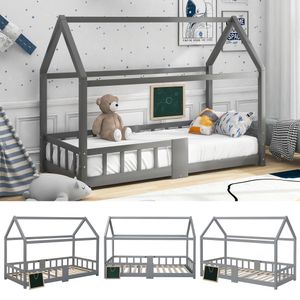 Flieks Hausbett Kinderbett 90x200cm, Spielbett mit Rausfallschutz und Tafel, Modernes Kiefernholzbett für Kinderzimmer