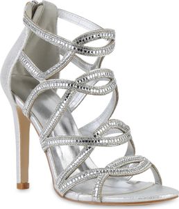 VAN HILL Damen High Heels Stiletto Sandaletten Strass Cut-Outs Party Schuhe 841573, Farbe: Silber, Größe: 40
