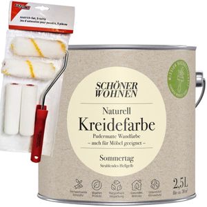 2,5L Schöner Wohnen Naturell Kreidefarbe Sommertag, Strahlendes Hellgelb + Farbroller-Set 5-teilig