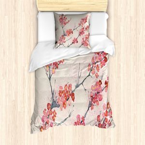 ABAKUHAUS Blumen Mantele, Vintage Sakura Blumen, Milbensicher Allergiker geeignet mit Kissenbezügen, 135 cm x 200 cm - 80 x 80 cm, Rosa Beige Grau