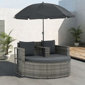 2-Sitzer Polyrattan Gartensofa mit Sonnenschirmund Auflagen Gartenmöbel Grau