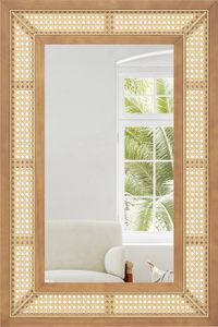 COSTWAY lustro ścienne rattanowe prostokątne 90x60cm, lustro dekoracyjne z drewnianą ramą i haczykami, poziome lub pionowe, dekoracyjne lustro do montażu ściennego nature