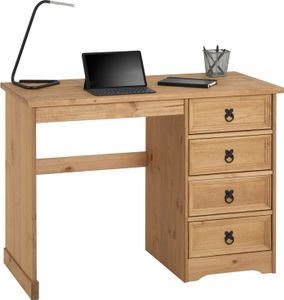 Schreibtisch SALSA im Mexiko Stil, eleganter Computertisch aus massiver Kiefer, Bürotisch mit Schubladen, gebeizt und gewachst