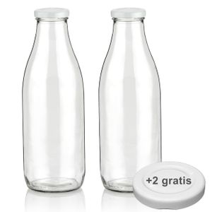 Milchflaschen 1L Smoothie Saft Flaschen 1000ml leere Glasflaschen Deckel BPA frei, 2 Milchflaschen mit 4 Deckeln