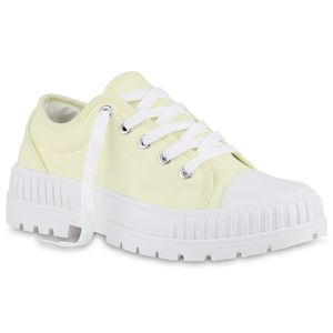 VAN HILL Damen Sneaker Low Blockabsatz Schnürer Stoff Profil-Sohle Schuhe 840382, Farbe: Light Yellow, Größe: 37