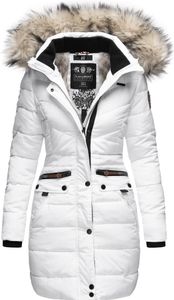 Navahoo Paula Veganer Damen Winter Steppmantel ohne Daunen mit Kapuze und Kunstfellkragen Pelzfrei Wintermantel Weiß Gr. 38 - M
