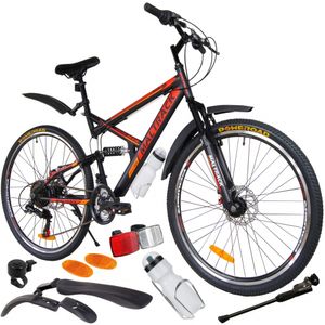 MalTrack Moutainbike MTB 26 palcov, 18-rýchlostný SHIMANO, BlackHawk bike, Odporúčaná výška 140-180cm, Sada blatníkov, Chlapčenský bicykel, Červená a oranžová