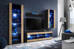 Komodee | Wohnwand mit TV-Schrank und Vitrine Tivoli Set Medio, Korpus Schwarz Matt Frontfarbe Wotan Matt, LED Blau