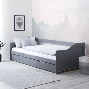 Homestyle4u 2506, Tagesbett Ausziehbett 90x200cm, Grau Holzbett Kiefer massiv Einzelbett Bettgestell mit Lattenrost