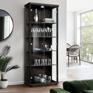 K-Möbel Glasvitrine stehend in Schwarz (176x67x33 cm) mit 4 höhenverstellbaren Glasböden & LED - Standvitrine - Vitrinenschrank - Sammlervitrine