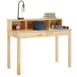 Sekretär LENNOX, schöner Schreibtisch mit 3 Nischen, praktischer PC Tisch mit 2 Schubladen, zeitloser Bürotisch aus massiver Kiefer in natur