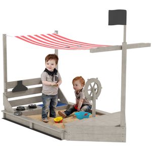 Outsunny Sandkasten Sandkiste groß mit Abdeckung im Schiff Design Segelschiff Matschekiste aus Holz Spielhaus mit Küchenspielset Aufbewahrung für Kinder 3-7 Jahre 180 x 103 x 144,5 cm Grau