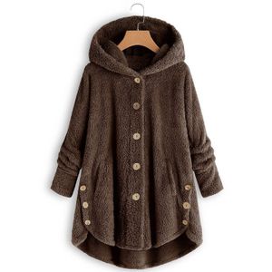 Damenjacke Modeknopf flauschige Woll-Kapuzenjacke lockere Winterwärme Übergröße,2XL