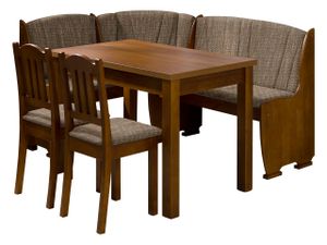 MIRJAN24 Eckbank + Tisch und zwei Stühle Jowisz, 4er-Set - Eckbank, Tisch, 2x Stuhl, Erlenholz, praktische Kästen (Farbe: Braun + Lawa 02)