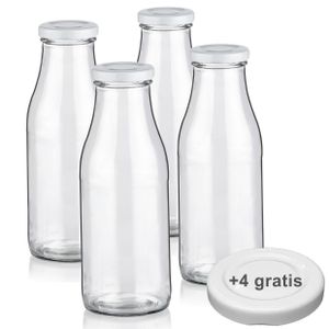 Milchflaschen 0,5L Smoothie Saft Flaschen 500ml leere Glasflaschen Deckel BPA frei, 4 Milchflaschen mit 8 Deckeln
