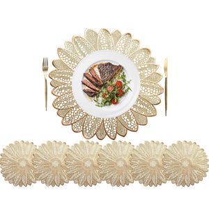 6 Stück Sonnenblumen-Platzsets, hitzebeständig, gepresstes Vinyl, Tischsets, rutschfest, runde Tischsets für Heimdekoration, Hochzeitsakzent, Gold, 39CM, 6