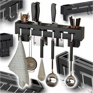 Messerhalter Küche Wand Küche Tool Storage Organizer für hängende Messer kein Bohrer Löffel Essstäbchen Fltawre mit 8 Haken Schwarz