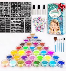 Glitzer Tattoo Set Kinder – Temporäre Tattoos | 36 Farben, 182 Schablonen, 215 Strasssteine | Geschenk für Mädchen 4-10 Jahre, Party & Geburtstag
