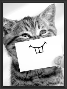Lustige Katze mit Lächeln auf Papier, Monochrome im Schattenfugen Bilderrahmen / Format: 80x60 im Schattenfugen-Bilderrahmen / Kunstdruck auf hochwertigem Galeriekarton / hochwertige Leinwandbild Alternative