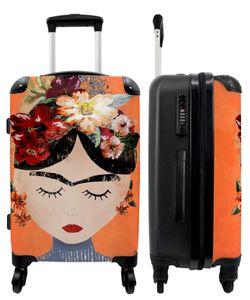 NoBoringSuitcases.com® Großer Koffer - Porträt - Frida Kahlo - Orange - Frau - Blumen - Kombinationsschloss TSA - Hartschalen Trolley 4 Rollen - 60 liter - Reisekoffer - 66 cm