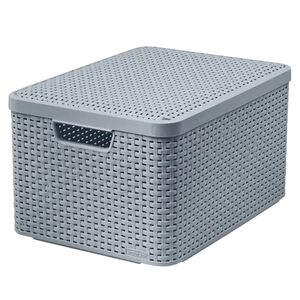 Curver Rattan Style Aufbewahrungsbox mit Deckel, Aufbewahrungskorb, Kunststoff, Aus Recyclingmaterial in mindestens 70% (Hellgrau, L: 44,5 x 33 x 24,8