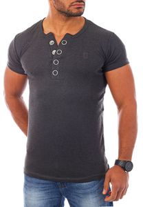 Young & Rich Herren Uni feinripp T-Shirt mit Knopfleiste big buttons große Knöpfe 1872, Grösse:L, Farbe:Dunkelgrau