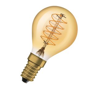 LED žárovka OSRAM Vintage 1906 se zlatým odstínem, 3,4 W, 250 lm, klasická kapková žárovka (Classic P) s paticí E14, teplá bílá barva světla, spirálové vlákno, stmívatelná, životnost až 15 000 hodin