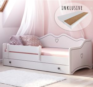 Mädchenbett Kinderbett Jugendbett 80x160 mit Matratze Rausfallschutz & Schublade | Prinzessin Kinder Sofa Couch Bett umbaubar weiß grau
