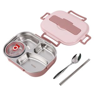 winterbeauy Bento Box Lunchbox aus Edelstahl, 4 Fächer, Lunchbehälter mit Geschirr,Schüssel (Rosa)