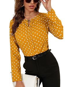 Damen Blusen Baggy Tops Elegant V-Ausschnitte Punkte Langarm T-Shirt Sommershirt Gelber Punkt,Größe 2xl