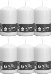 6er Set Müller Stumpenkerzen, selbstlöschend, 8 x 5,7 cm, weiß