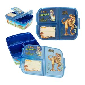 Depesche 12318 Dino World-Brotdose in Dunkelblau mit 3 Faechern und separaten Klapp-Verschluessen, Lunchbox mit Dinosaurier Motiv, Mehrfarbig