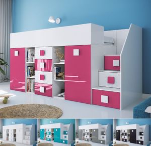 Hochbett Etagenbett mit Schreibtisch Schrank 2 Regalen Treppe TELLY 3 hochglanz weiß türkis rosa grau schwarz