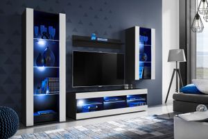 Komodee | Wohnwand mit TV-Schrank und Vitrine Tivoli Set Medio, Korpus Schwarz Matt Frontfarbe Weiß Matt, LED Blau