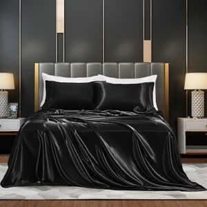(137*190+36, Schwarz) Satin-Bettwäsche, seidiges 4-teiliges Bettwäsche-Set, Satin-Bettwäsche mit tiefem Taschen-Spannbettlaken, Bettlaken und 2 Kissenbezügen