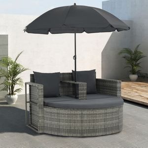 Gartenbett mit Sonnenschirm Grau Poly Rattan, Gartenliegen Modern Design DE