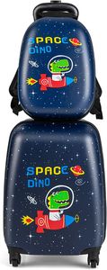 COSTWAY 2tlg Kinderkoffer + Rucksack, Kindertrolley aus Kunststoff, Kindergepäck, Kinder Kofferset Handgepäck Reisegepäck Hartschalenkoffer für Jungen und Mädchen (Black, 12"+16")