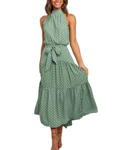 Damen y Neckholder Polka Dot Print Langes Kleid,Farbe: Grün,Größe:XL