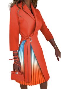 Damen Blazer mit Gürtel Midi Kleider Casual Kleid 3/7 Lange Ärmel Longblazer Mantel Farbe:Orange Krawatte -dye,Größe XL