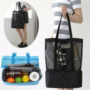 Strandtasche Übergroße Mesh Beachbag mit Wasserdichtem Kühlfach Picknicktasche Schwarz Kühlschrankfach Schultertasche Reisetasche