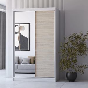 Kleiderschrank Schiebetürenschrank Schrank Schwebetürenschrank 120cm Weiß/Sonoma Eiche mit Spiegel Neomi 05