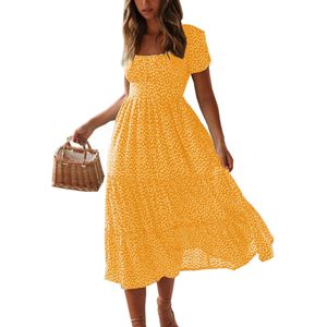 Damen Kleider Sommerkleid Lang Kleid Boho Maxikleid Tunika Strandkleid Blumenkleid Gelb,Größe:Xl