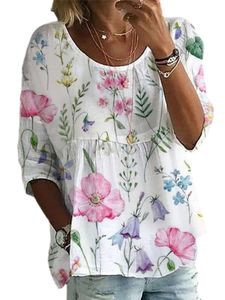 Damen Große Mode Gedruckt Casual Langarm T-Shirts Sommer Rundhalsausschnitt Oberteile Pinke Blumen,Größe Xl