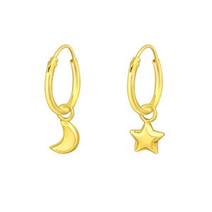 1 Paar Creolen Ohrringe 925 Sterling Silber vergoldet mit Mond und Stern Ohrschmuck Ohrhänger