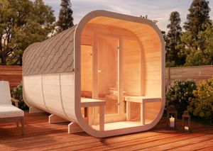 FinnTherm Fasssauna ScandiCube Deluxe Fasssauna 2 Sitzbänke aus Holz, Sauna mit 42 mm Wandstärke, Außensauna