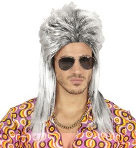 80er Jahre Rockstar Vokuhila Perücke für Herren - Silbergrau