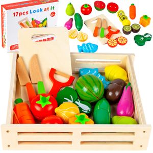 MalPlay Kinderküche Spielküche aus Holz mit Magnetverschluss | 17-teilig | Obst Gemüse Schneiden | Küchenspielzeug | Rollenspiel Geschenk für Jungen und Mädchen ab 6 Jahren